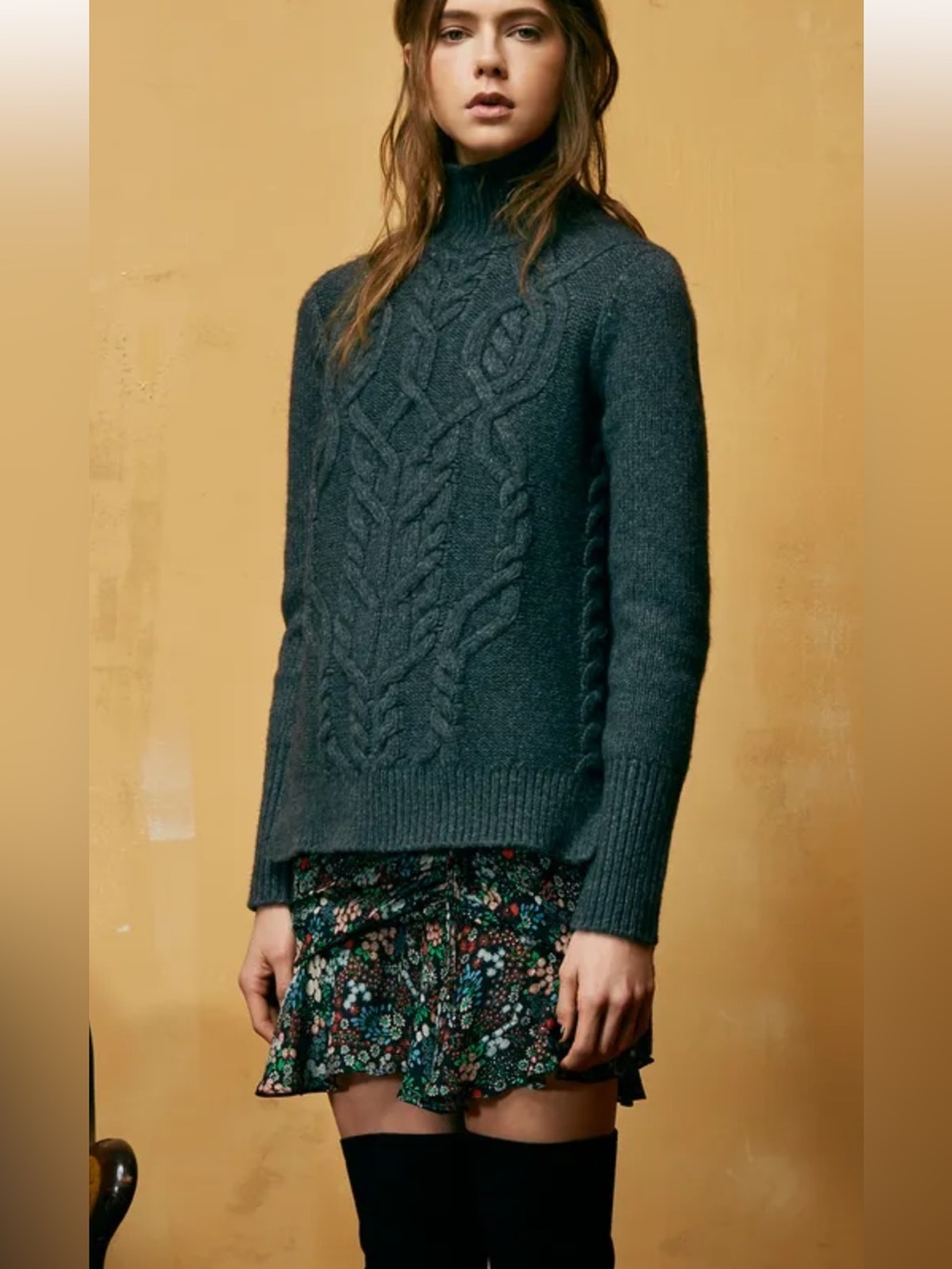 Veronica Beard Chunky Wool Blend Cable Knit Mock Neck Sweater Charcoal Sz L